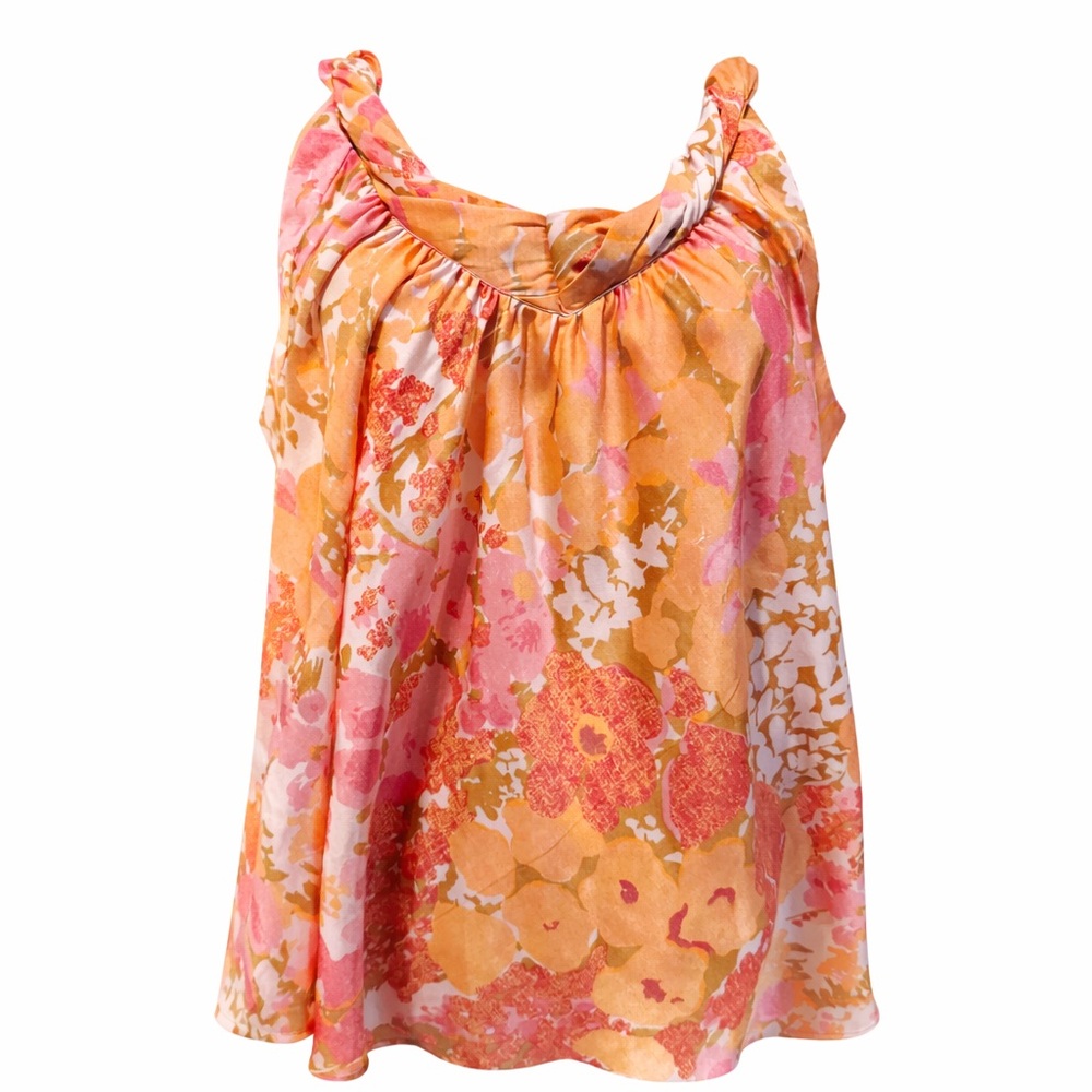 Talbots Floral Sleeveless Blouse 14W Pink Orange Silk-Feel Flowing Tank size 14